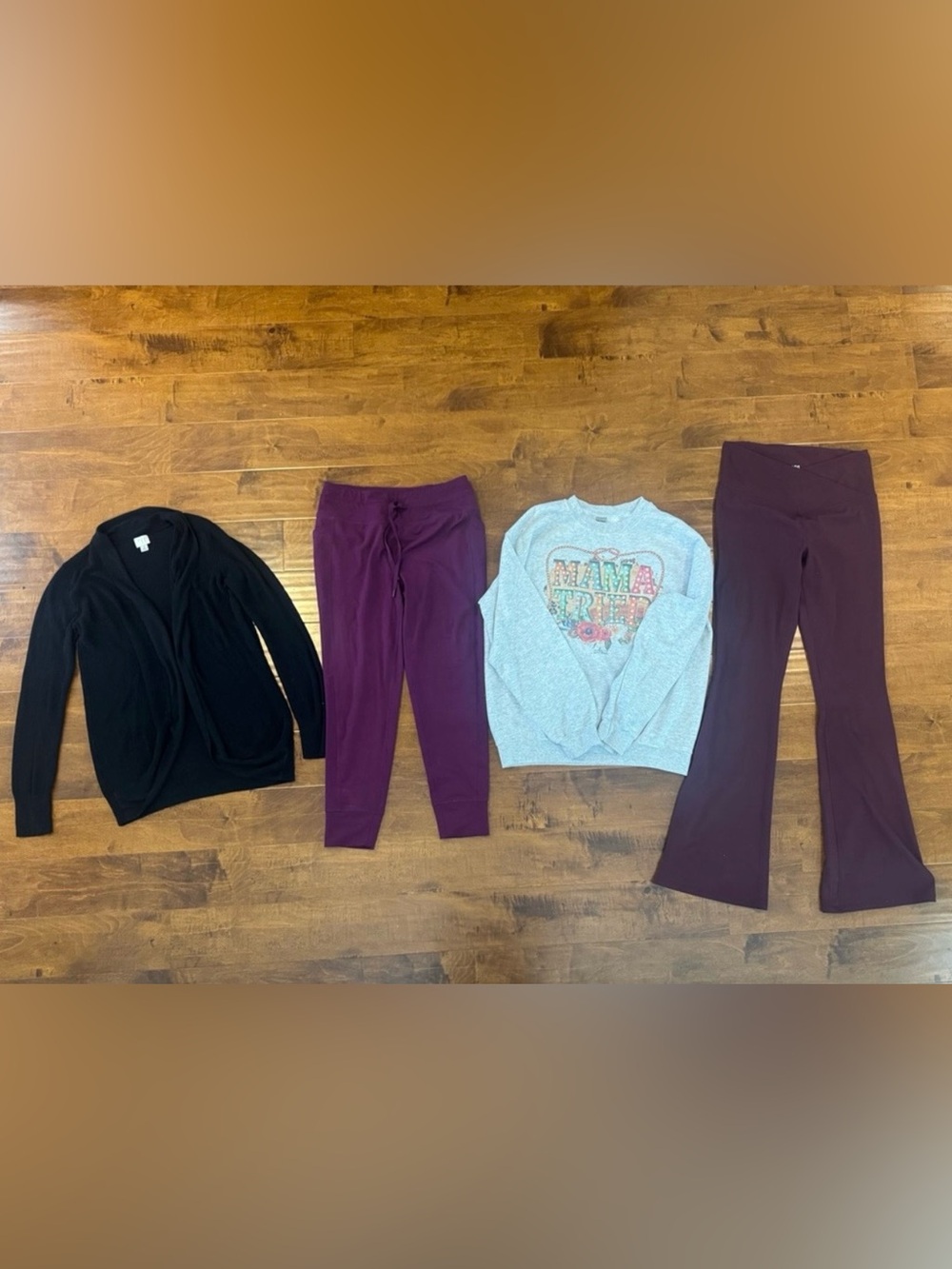Mama Tried sweatshirts, black cardigan, plum DSG joggers & burgundy pants Medium
